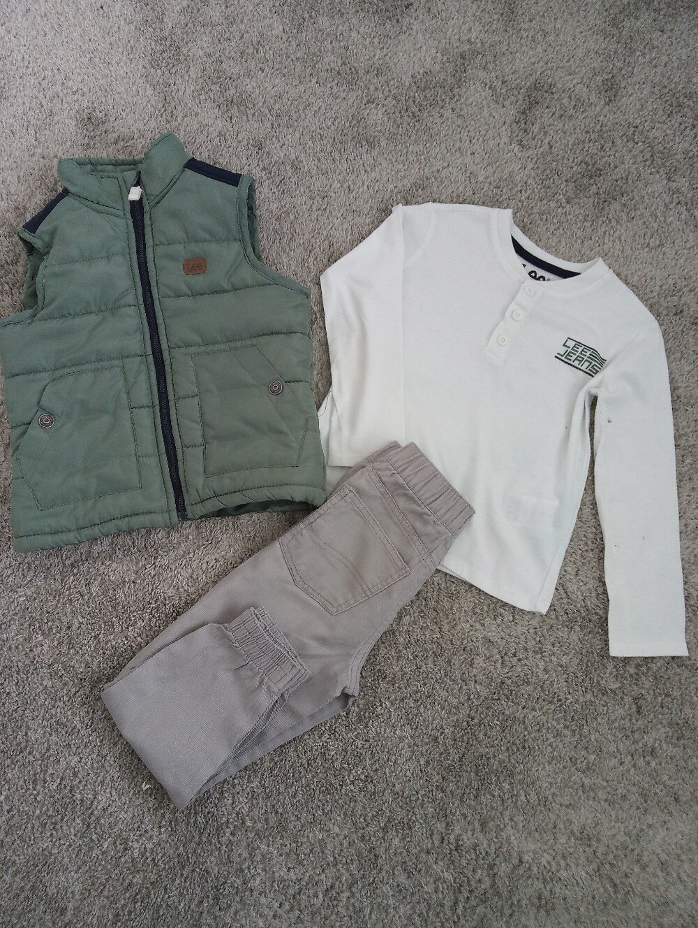 Toddler Boy Green Puffer Vest, Long Sleeve Shirt and Gray Joggers Set - Size 4T.